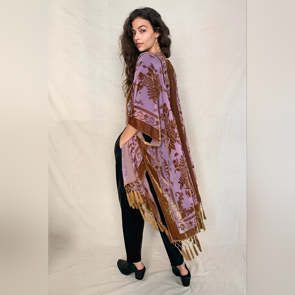 Lavender And Gold Velvet Burnout Kimono Duster